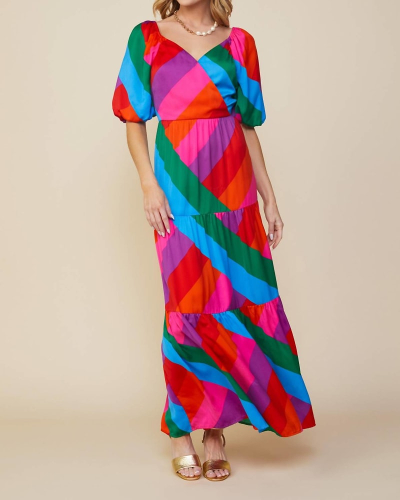 Front of a model wearing a size L Iliana Tiered Dress In Multi in Multi by Skies are Blue. | dia_product_style_image_id:345630